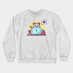 Cute Cat Working On Laptop With Coffee Cup Cartoon Vector Icon Illustration Crewneck Sweatshirt